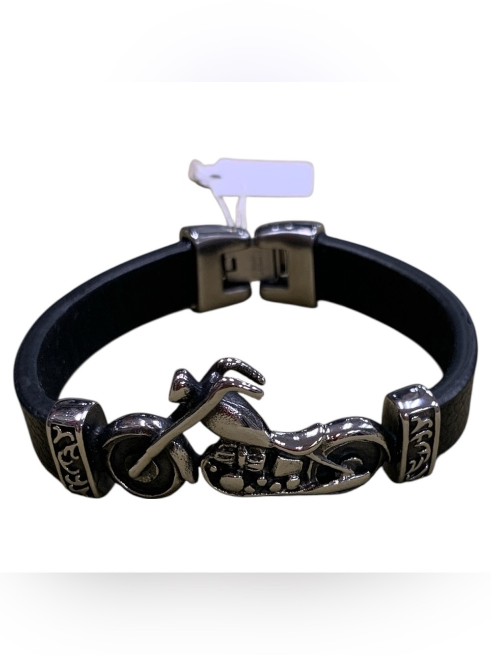 Black Leather Bracelet with Silver Motorcycle Charm -